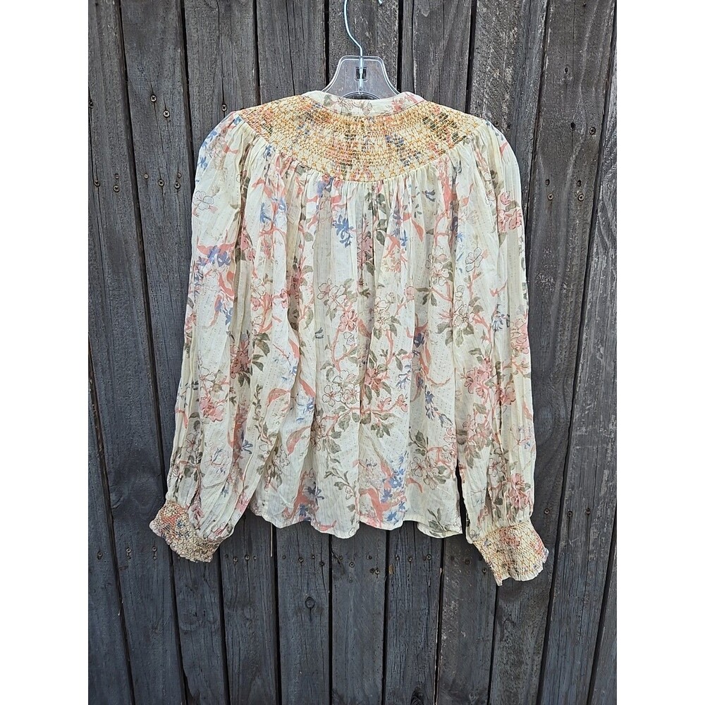 Anthropologie Cream Floral Long Sleeve Smocked Lurex Top Women's Size Medium - Picture 6 of 8